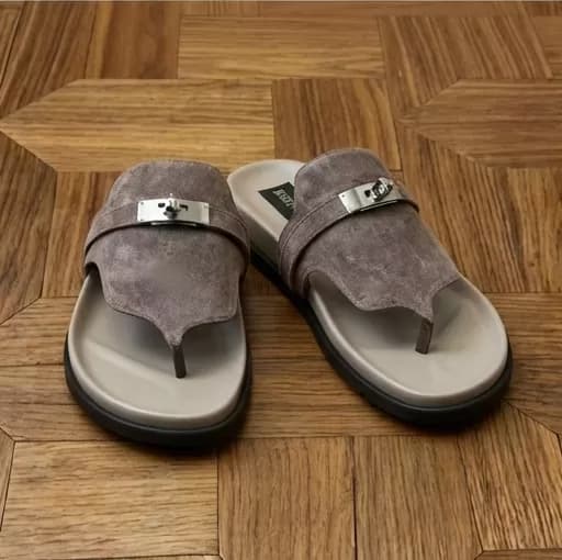 Men's Luxury Taupe Suede T-Bar Slip-On Sandals with Silver-Tone Clasp — image 3