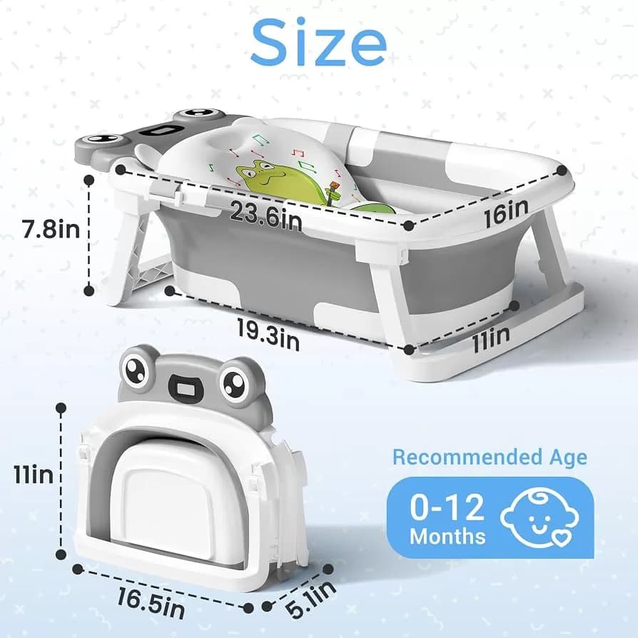 BUNWAG Collapsible Baby Bathtub with Thermometer & Soft Cushion – Portable Newborn Bath Tub, 0–12 Months, Grey — image 3