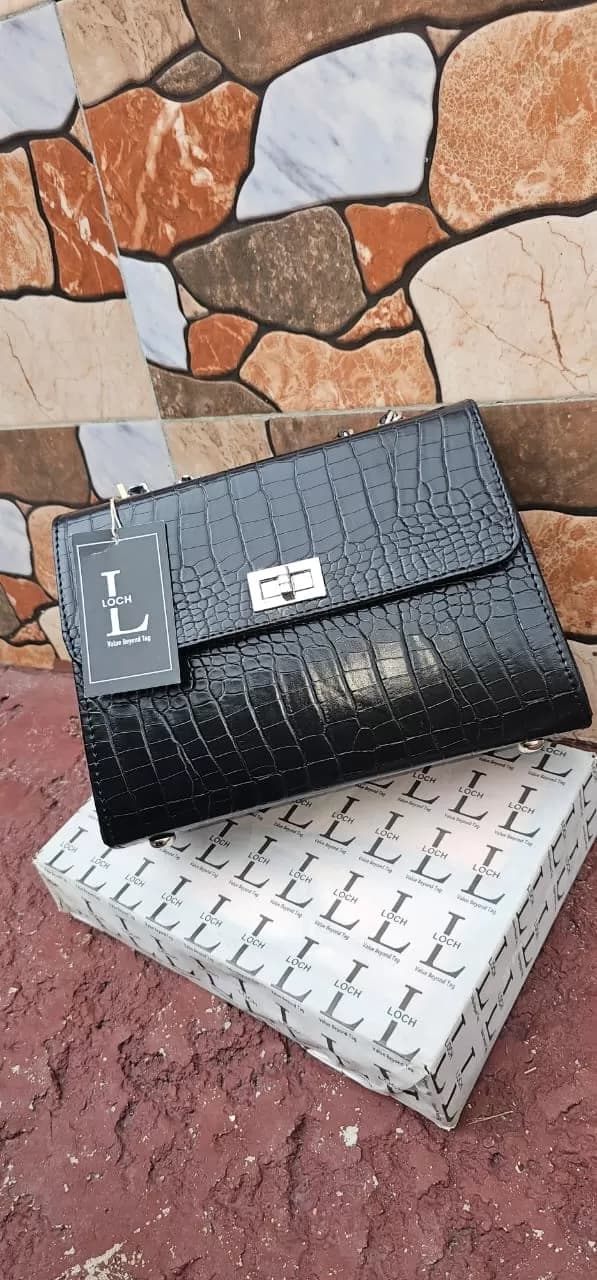 Classic Black Crocodile-Embossed Turn-Lock Structured Handbag — image 2
