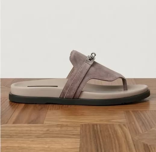 Men's Luxury Taupe Suede T-Bar Slip-On Sandals with Silver-Tone Clasp — image 4