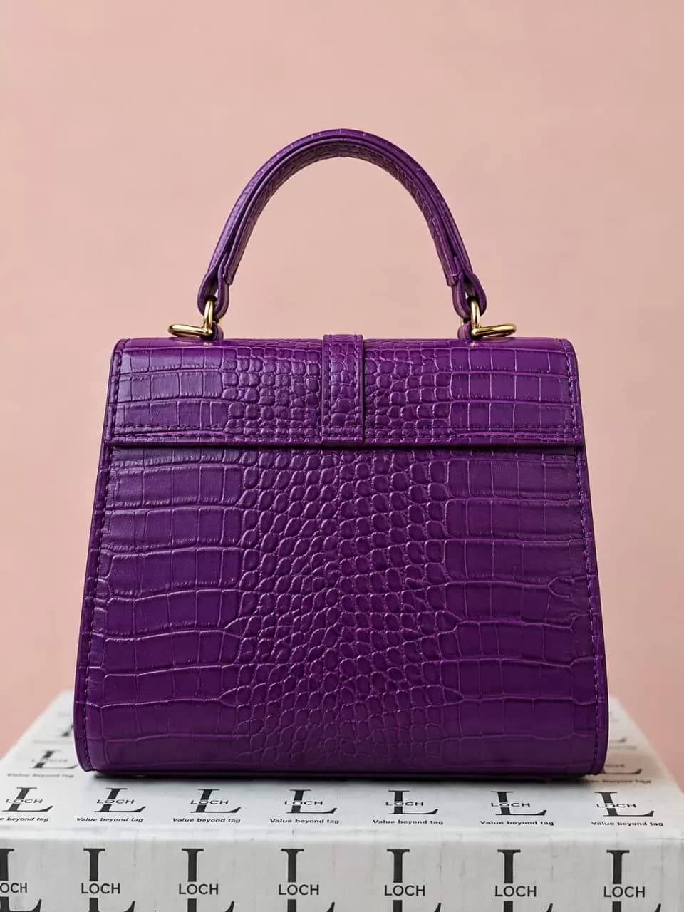 Women’s Purple Crocodile-Textured Structured Handbag with Gold-Tone Lock & Detachable Shoulder Strap — image 3