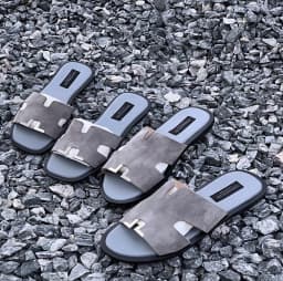 Men's Elegant Grey Suede Slip-On Sandals with Gold-Tone H-Buckle's Image