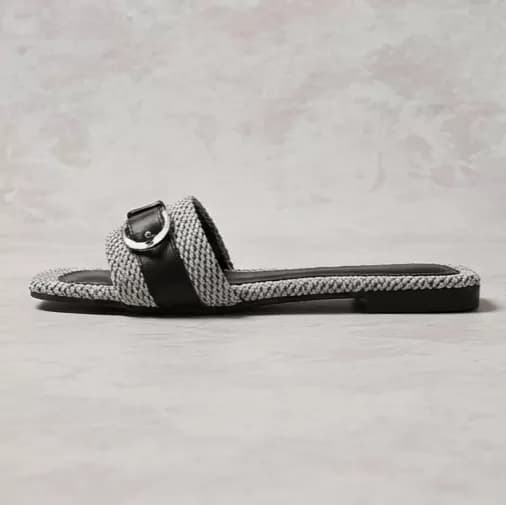 Women's Chic Grey Woven & Black Leather Buckle Flat Sandals — image 2