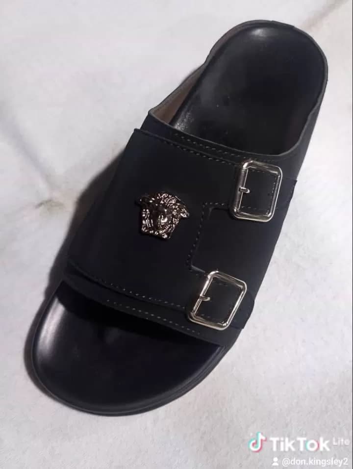 Royal Medusa Luxe Double-Buckle Leather Slide – Black — image 1