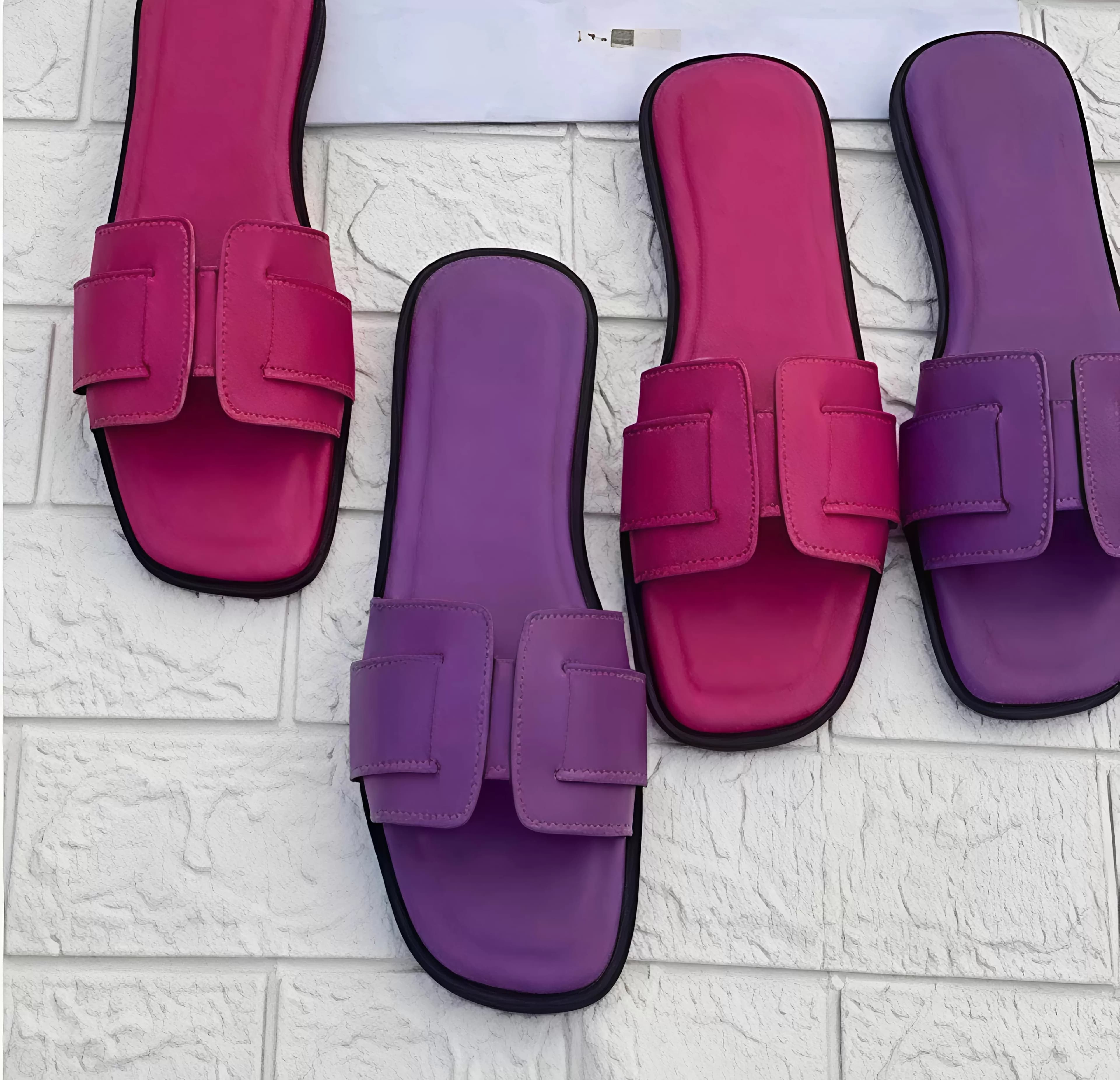 Women's Chic Two-Tone Pink & Purple "H" Strap Flat Slide Sandals — image 2