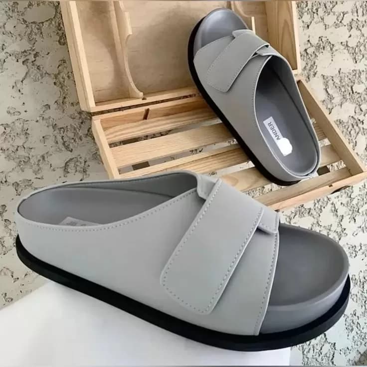 Modern Minimalist Grey Slip-On Comfort Slides with Adjustable Strap — image 1