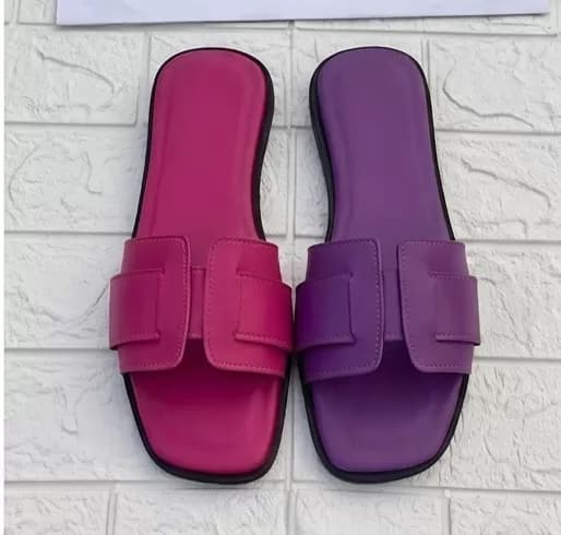 Women's Chic Two-Tone Pink & Purple "H" Strap Flat Slide Sandals — image 1