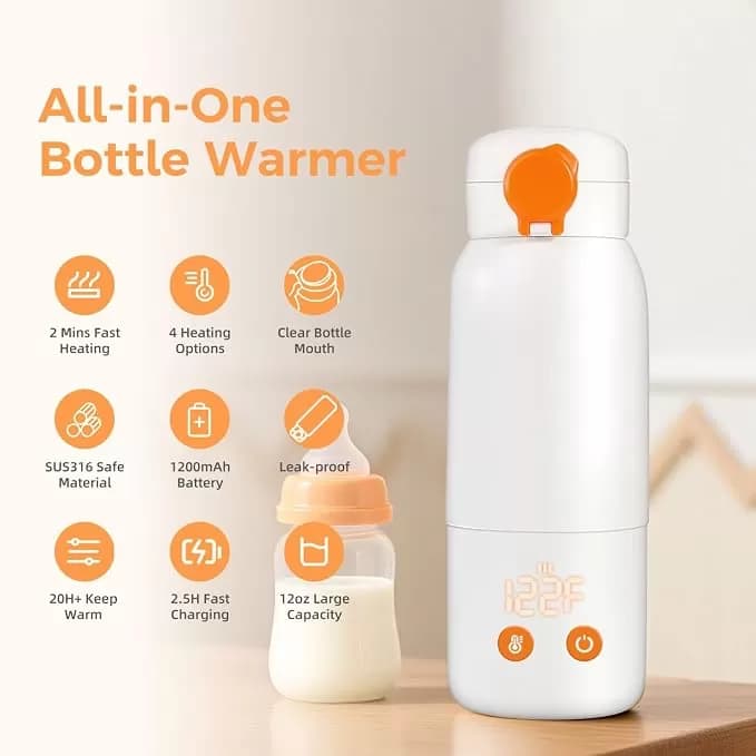 ABUCIRAL Portable Bottle Warmer for Travel – 12 oz Cordless Baby Milk Warmer, 2-Min Fast Heating, 4 Temperature Settings, 20+ Hour Keep Warm, USB-C Rechargeable, 316 Stainless Steel for Breast Milk, Formula & Water — image 3