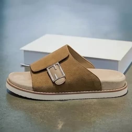 Men's Premium Suede Buckle Slide Sandals – Tan & Beige — image 2