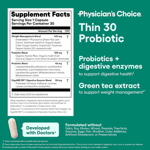 Physician's CHOICE Thin 30 – Probiotics for Weight Management & Gut Health, 6 Strains, Cayenne & Green Tea, 30 Capsules — image 3