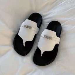 Men's Luxury White Leather Thong Sandals with Silver Metal Hardware's Image