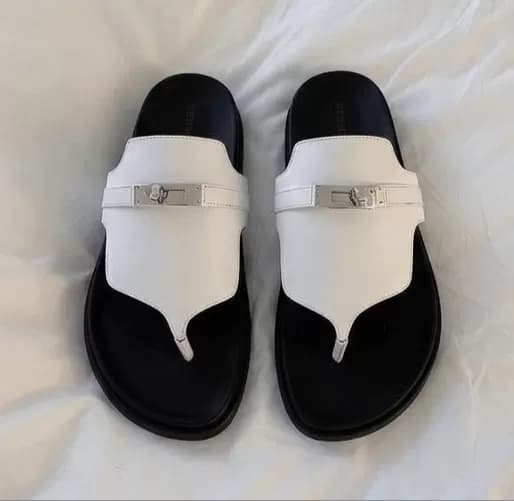 Men's Luxury White Leather Thong Sandals with Silver Metal Hardware — image 3