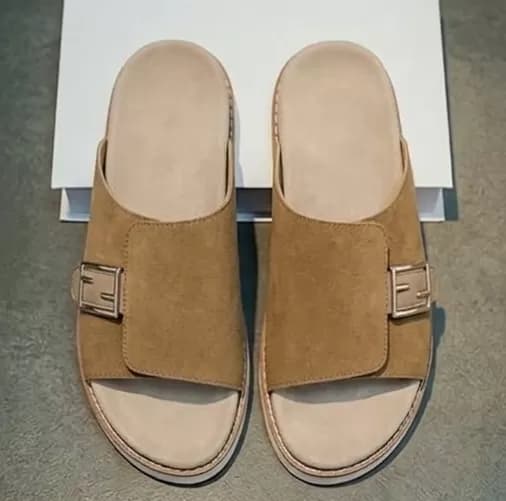Men's Premium Suede Buckle Slide Sandals – Tan & Beige — image 5