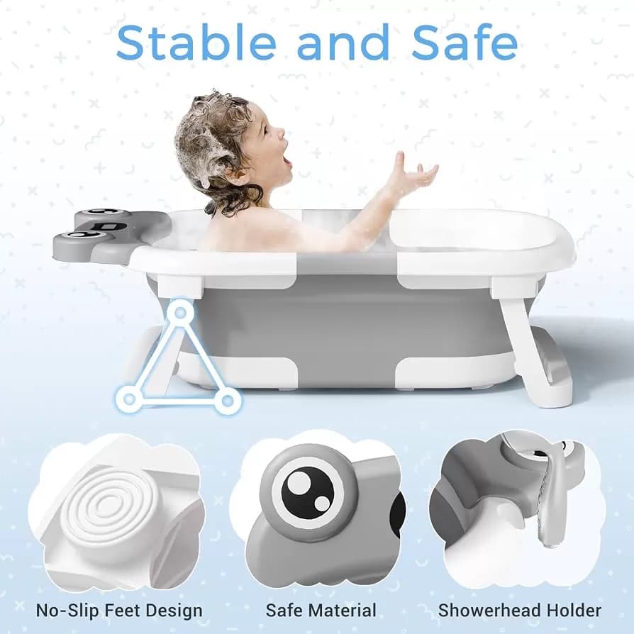 BUNWAG Collapsible Baby Bathtub with Thermometer & Soft Cushion – Portable Newborn Bath Tub, 0–12 Months, Grey — image 2