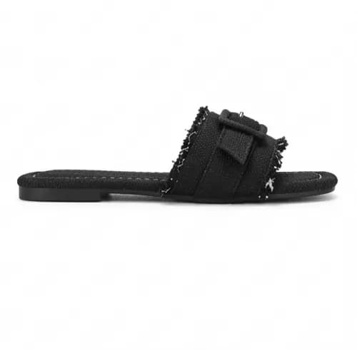 Women's Chic Black Fringe-Trim Slip-On Flat Sandals with Buckle Detail — image 3