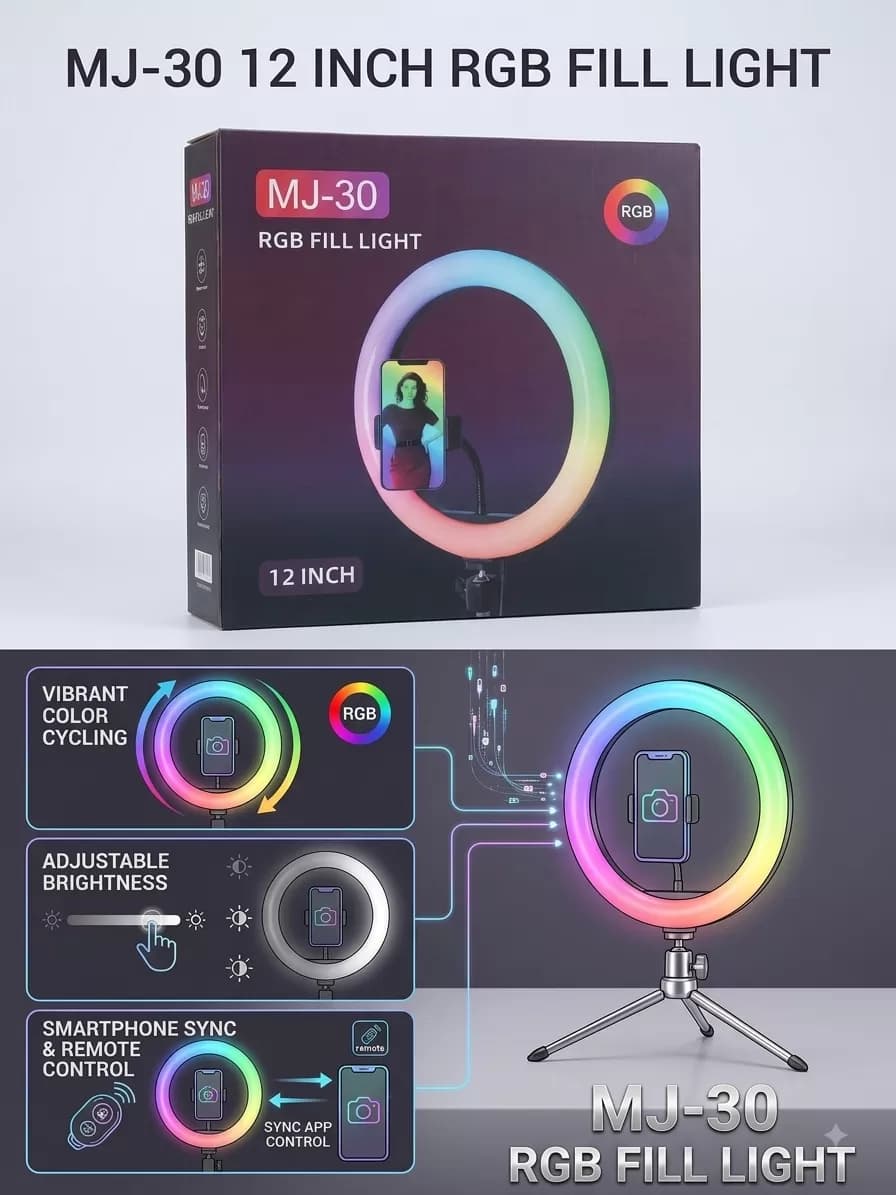 MJ-30 12-Inch RGB LED Ring Light with Tripod Stand and Smartphone Holder — image 2