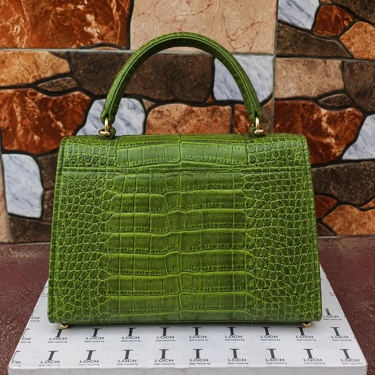 Vibrant Green Crocodile-Embossed Top-Handle Satchel with Padlock — image 3