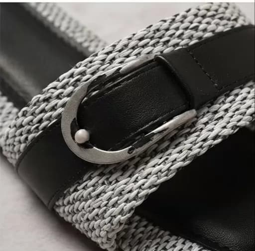 Women's Chic Grey Woven & Black Leather Buckle Flat Sandals — image 3