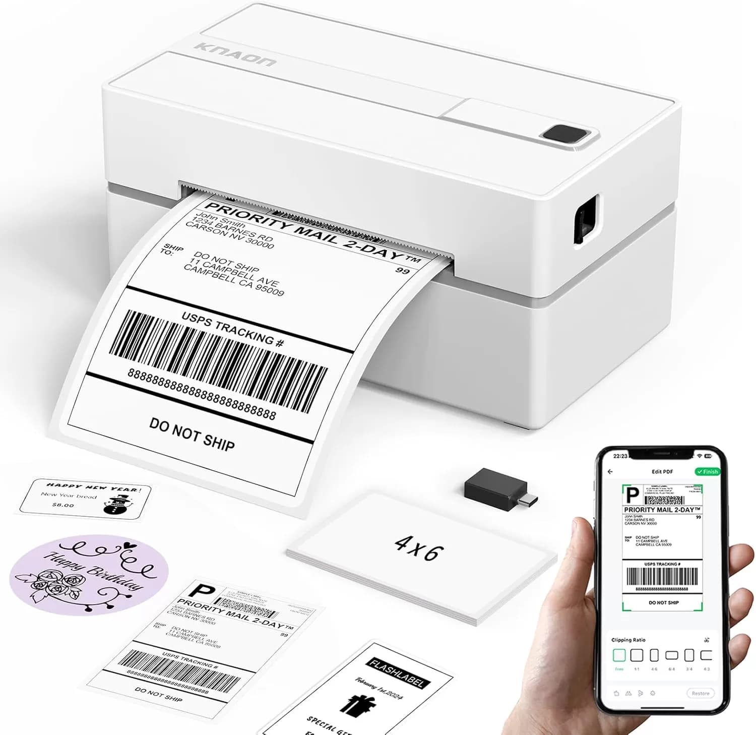KNAON Y813BT Bluetooth 4x6 Thermal Shipping Label Printer – Wireless USB Label Maker for iPhone, Android, Windows and Mac, 203 DPI, White — image 1