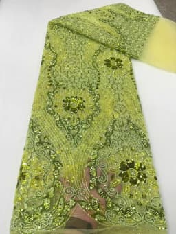 Premium Lemon Green Beaded French Lace Fabric's Image
