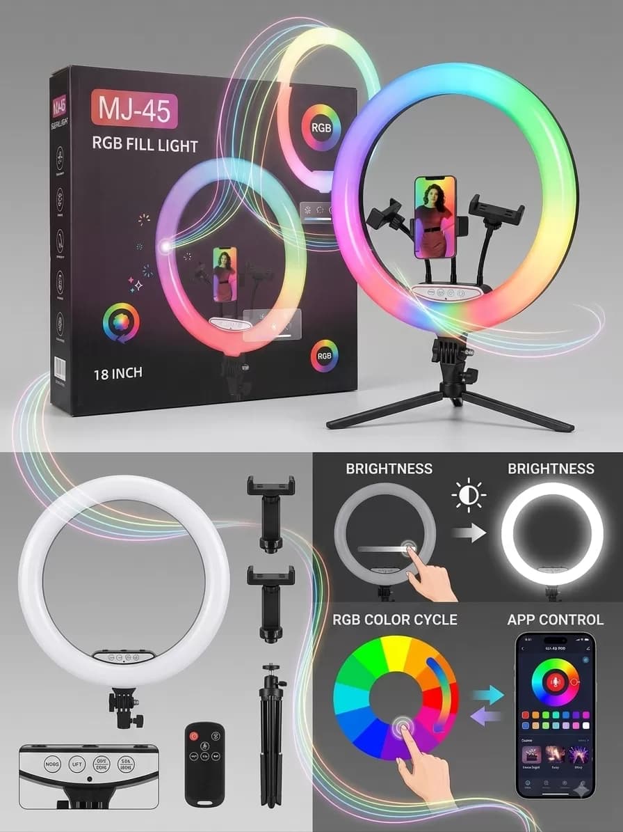 MJ-45 18-Inch RGB LED Fill Light with Multiple Phone Holders and Stand — image 2
