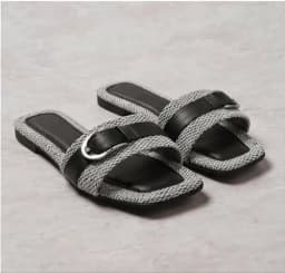 Women's Chic Grey Woven & Black Leather Buckle Flat Sandals's Image