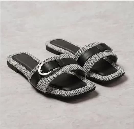 Women's Chic Grey Woven & Black Leather Buckle Flat Sandals — image 1