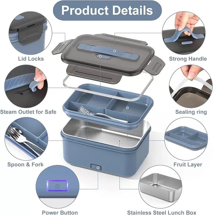 Herrfilk 100W 4-in-1 Electric Lunch Box Food Heater – 1.8L Portable Heated Lunch Box for Car, Truck, Home & Office, 12V/24V/110V/220V, Moon Blue — image 2