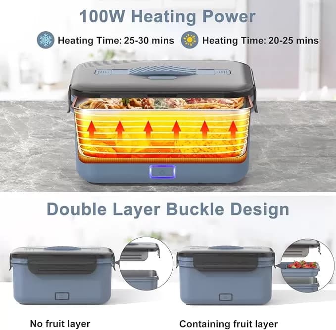 Herrfilk 100W 4-in-1 Electric Lunch Box Food Heater – 1.8L Portable Heated Lunch Box for Car, Truck, Home & Office, 12V/24V/110V/220V, Moon Blue — image 6