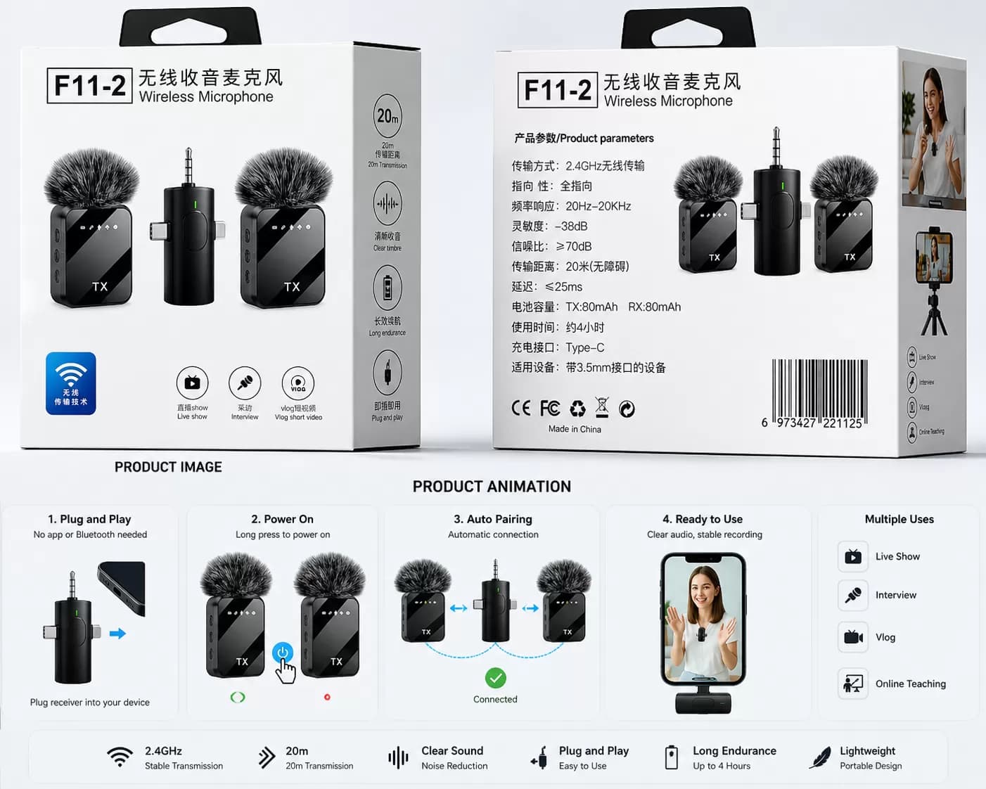 F11-2 Wireless Microphone – Dual Transmitter Lavalier Microphone Set — image 2