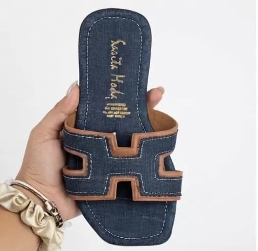 Women's Chic Denim & Tan Trim Cutout Slip-On Flat Sandals — image 5