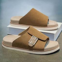 Men's Premium Suede Buckle Slide Sandals – Tan & Beige's Image