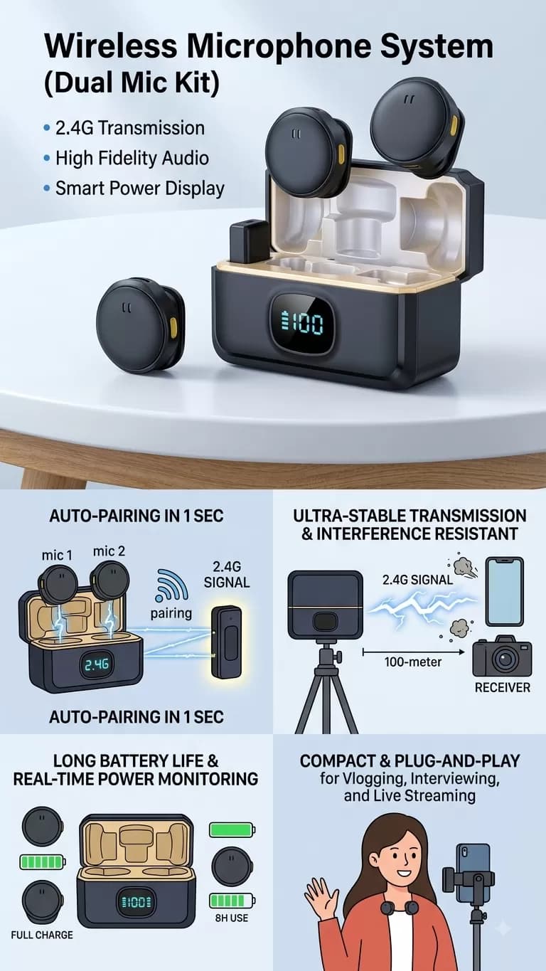 Professional 2.4G Dual Wireless Lavalier Microphone System with Digital Display Charging Case — image 2