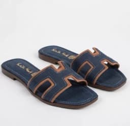 Women's Chic Denim & Tan Trim Cutout Slip-On Flat Sandals's Image
