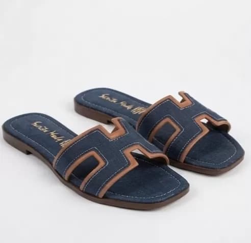 Women's Chic Denim & Tan Trim Cutout Slip-On Flat Sandals — image 1