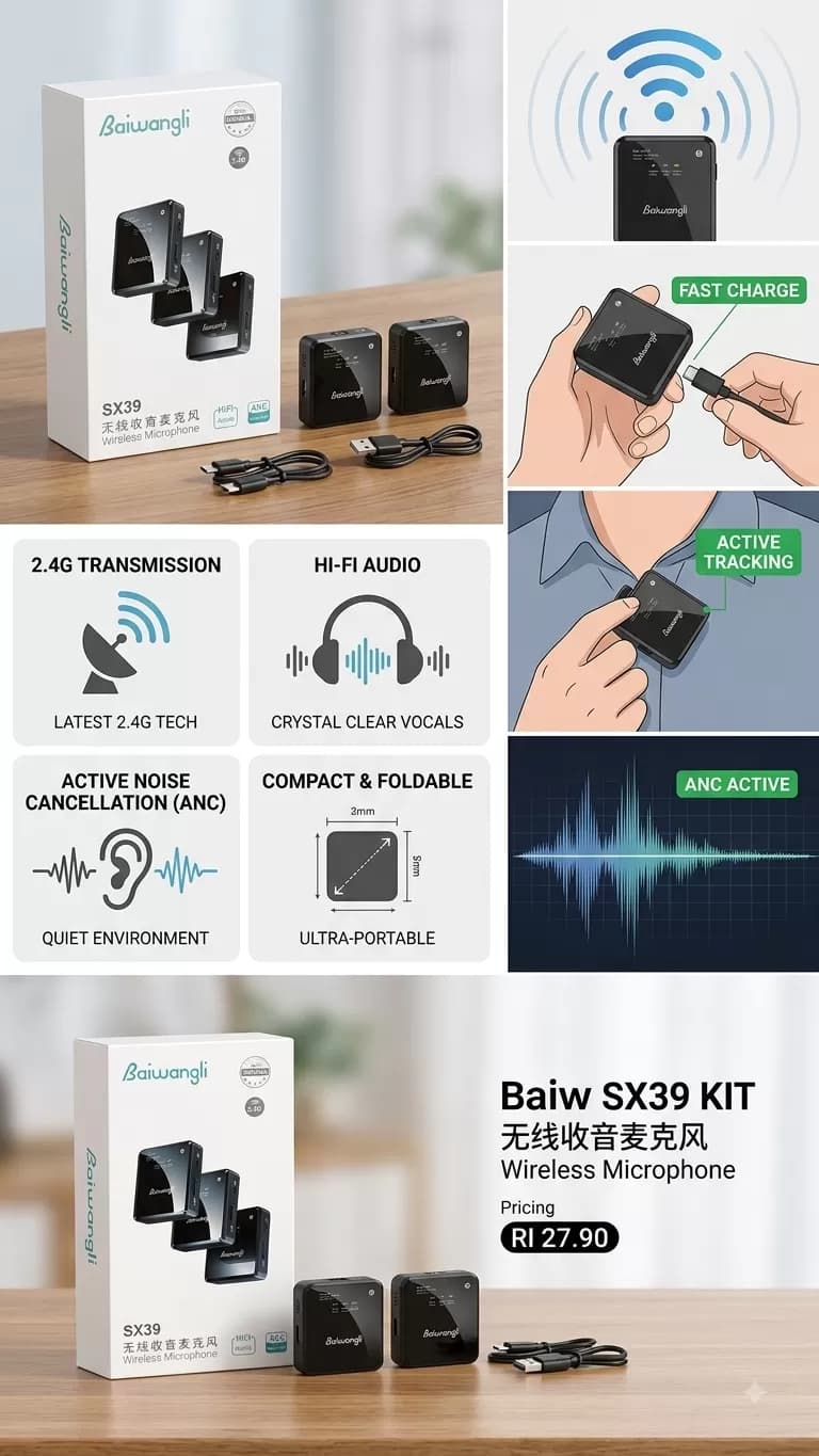 Baiwangli SX39 Wireless Microphone System with HiFi Audio & ANC — image 2