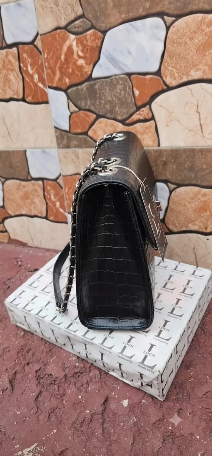 Classic Black Crocodile-Embossed Turn-Lock Structured Handbag — image 3