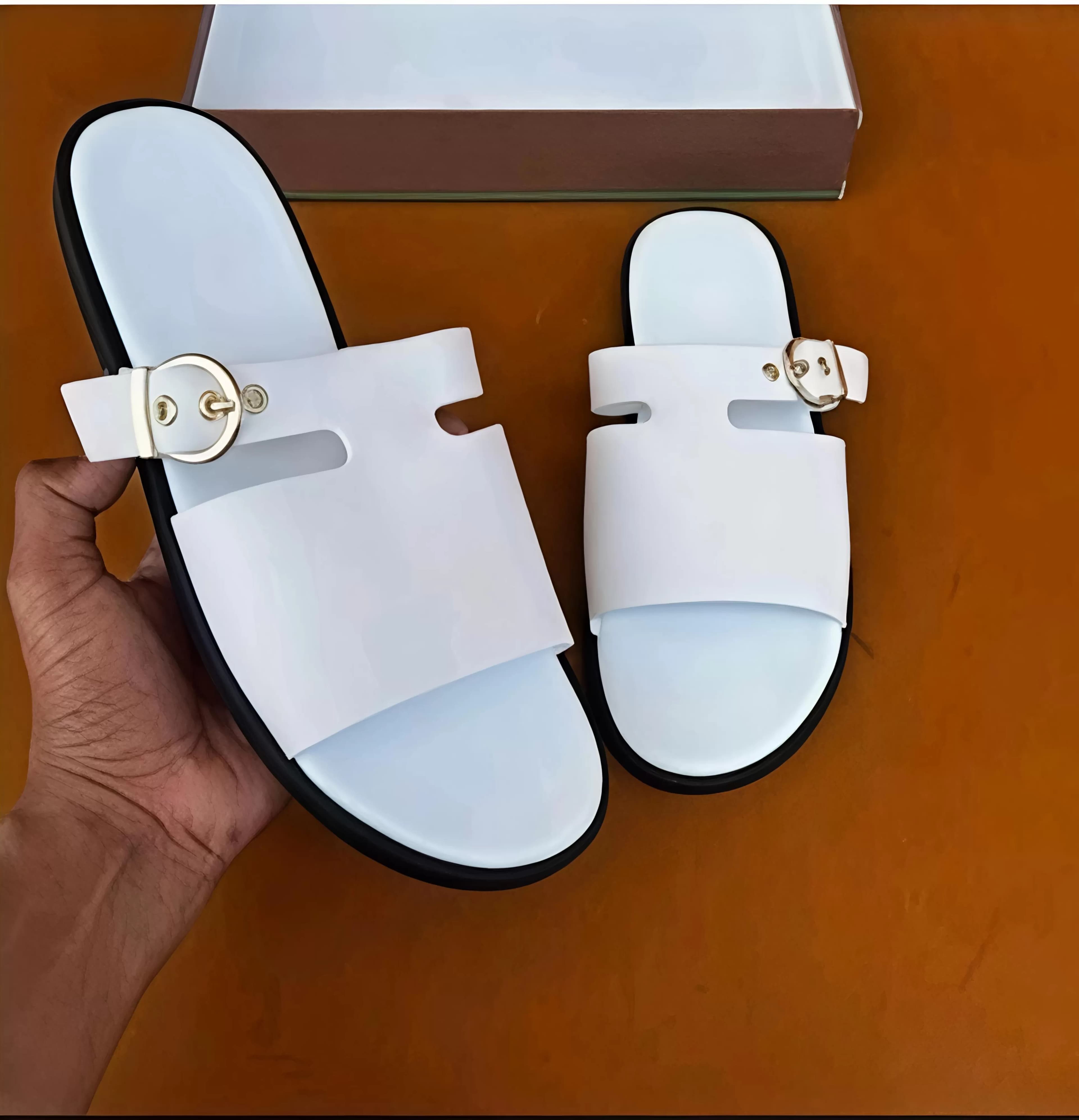 Women's Elegant White Slide Sandals with Gold Buckle Accent — image 1