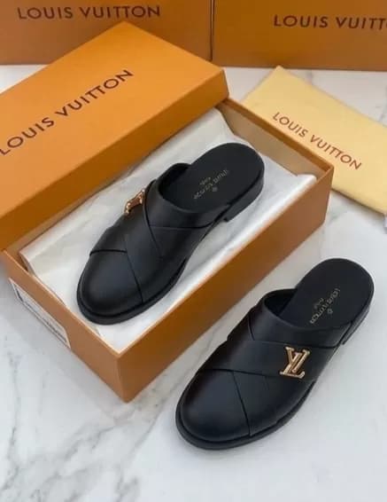 Luxury Black Cross-Strap Mule Loafers with Gold LV Hardware — image 2