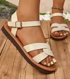Elegant Cream White Cross-Strap Ankle-Strap Flat Sandals — image 3