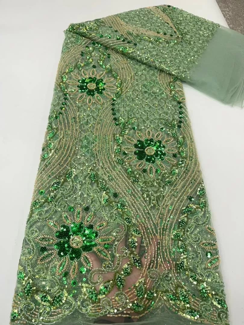 Premium Lemon Green Beaded French Lace Fabric – 5 Yards — image 1