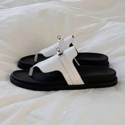 Men's Luxury White Leather Thong Sandals with Silver Metal Hardware — image 4