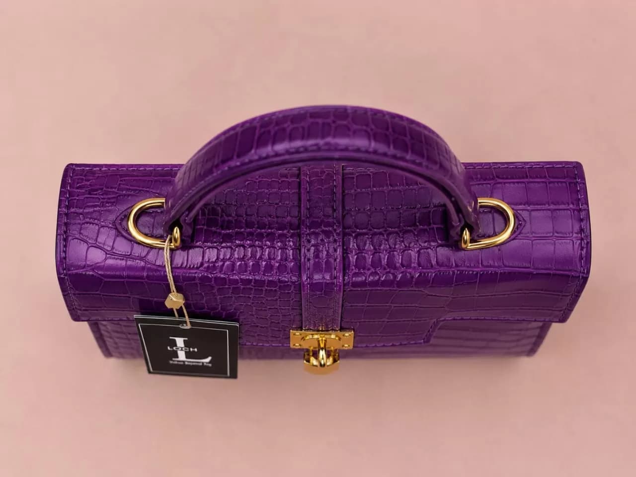 Women’s Purple Crocodile-Textured Structured Handbag with Gold-Tone Lock & Detachable Shoulder Strap — image 2