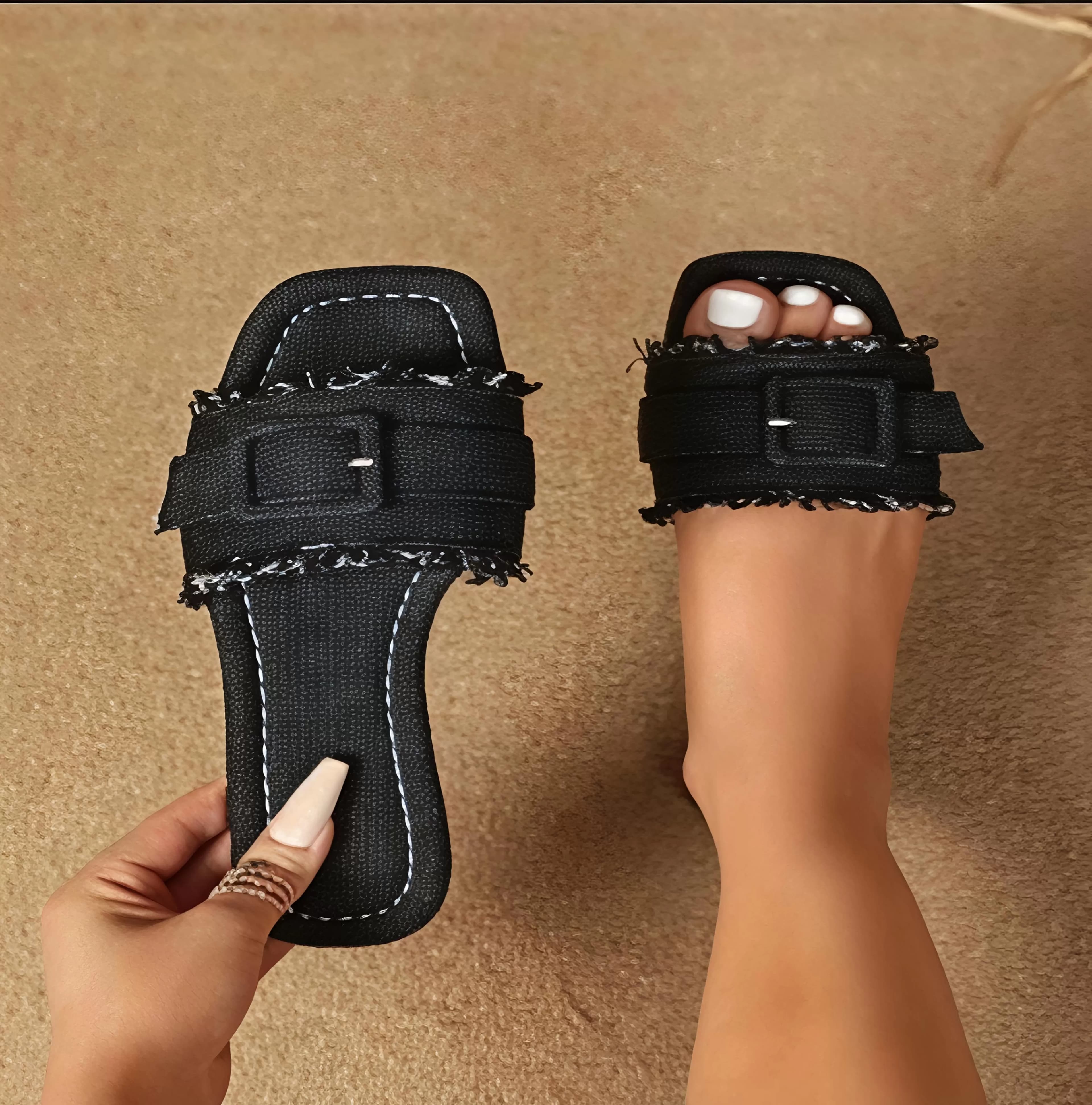 Women's Chic Black Fringe-Trim Slip-On Flat Sandals with Buckle Detail — image 2