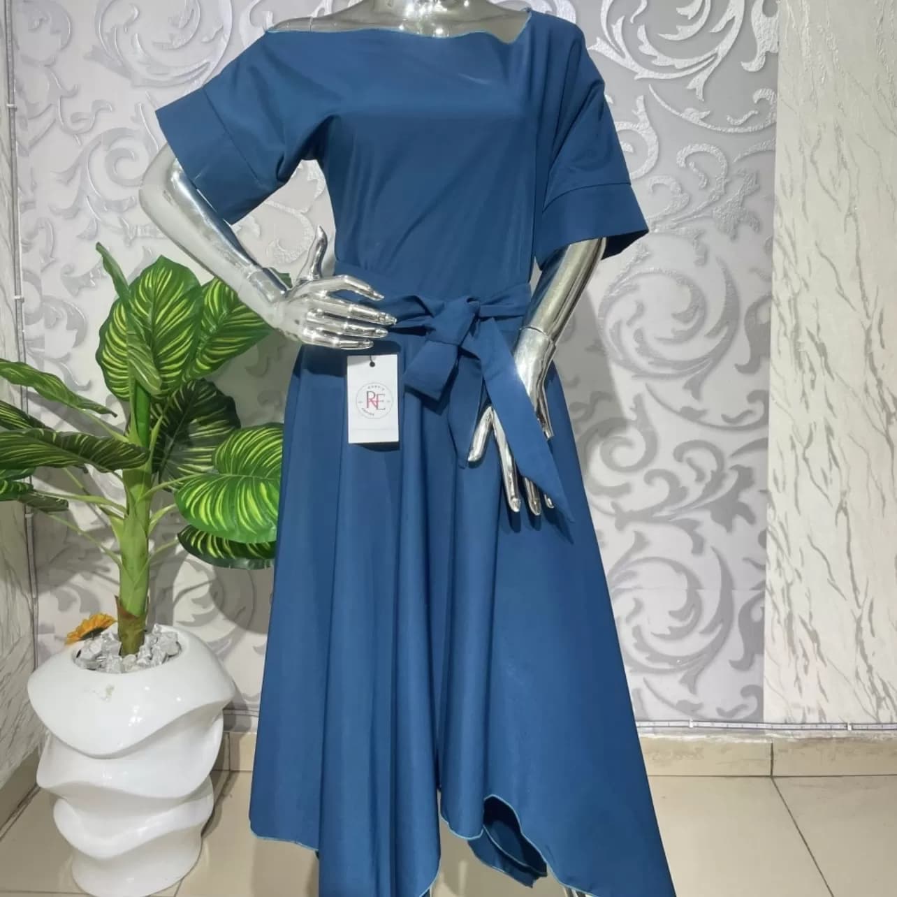 Teal Blue Jonkoso Handkerchief Hem Gown with Belt — image 1