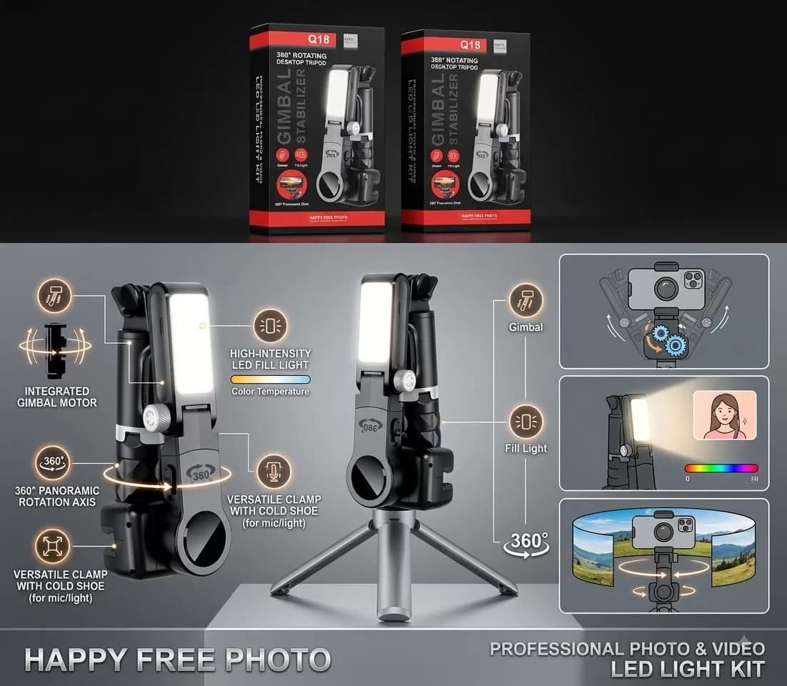 Q18 360° Rotating Gimbal Stabilizer with LED Fill Light — image 1