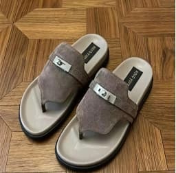 Men's Luxury Taupe Suede T-Bar Slip-On Sandals with Silver-Tone Clasp's Image