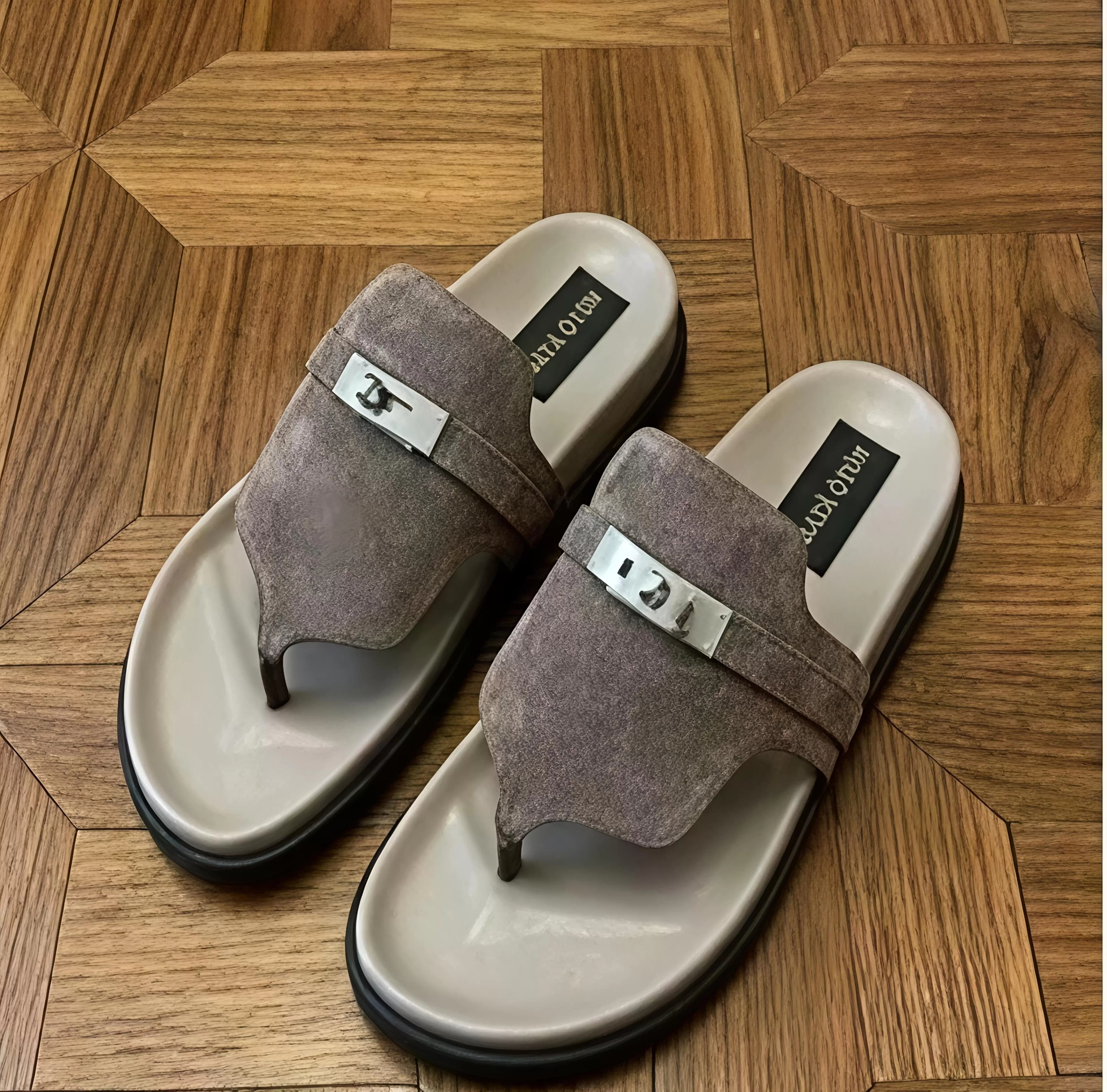 Men's Luxury Taupe Suede T-Bar Slip-On Sandals with Silver-Tone Clasp — image 1