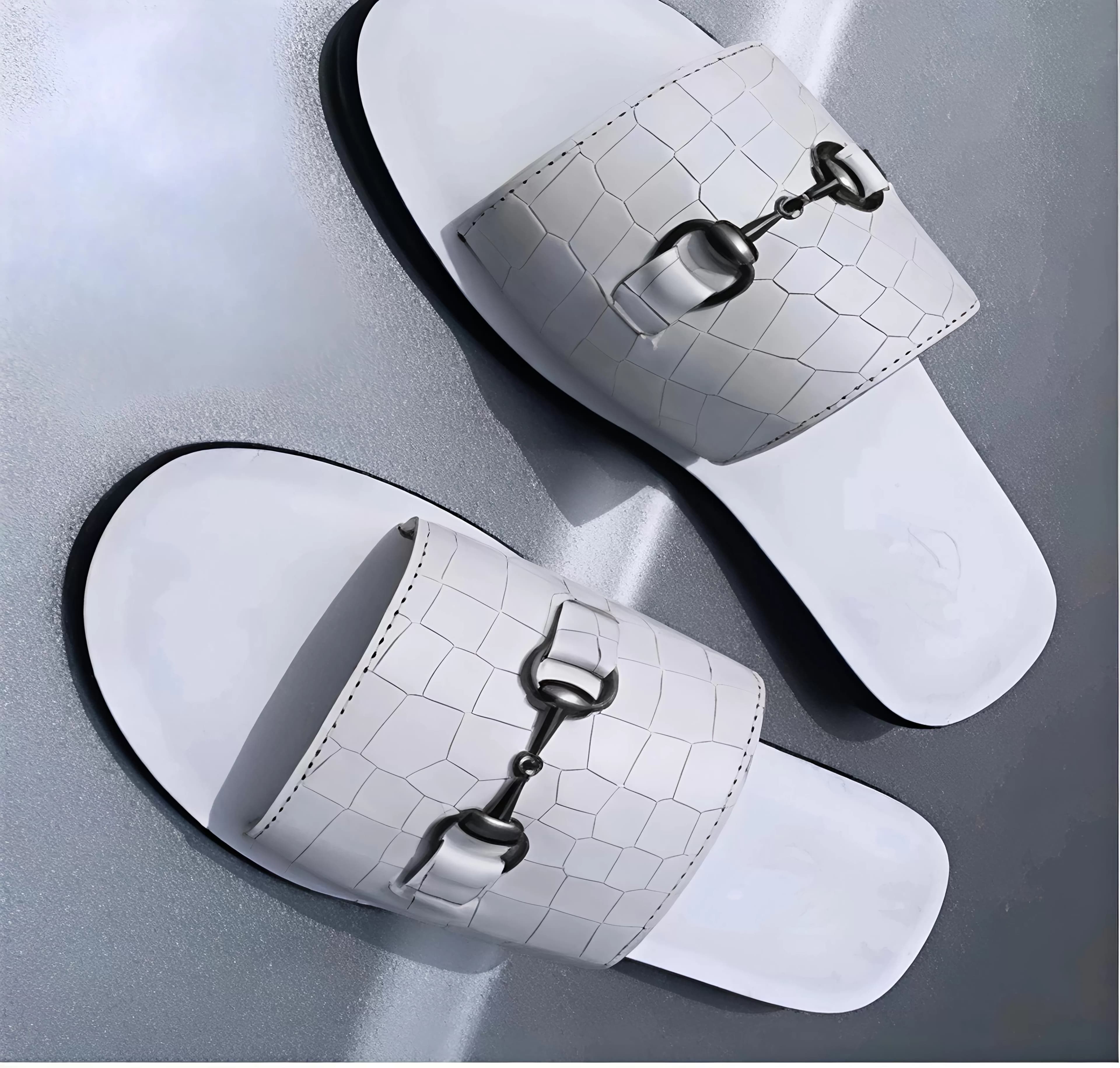 Men's Luxury White Crocodile-Embossed Slip-On Sandals — image 1