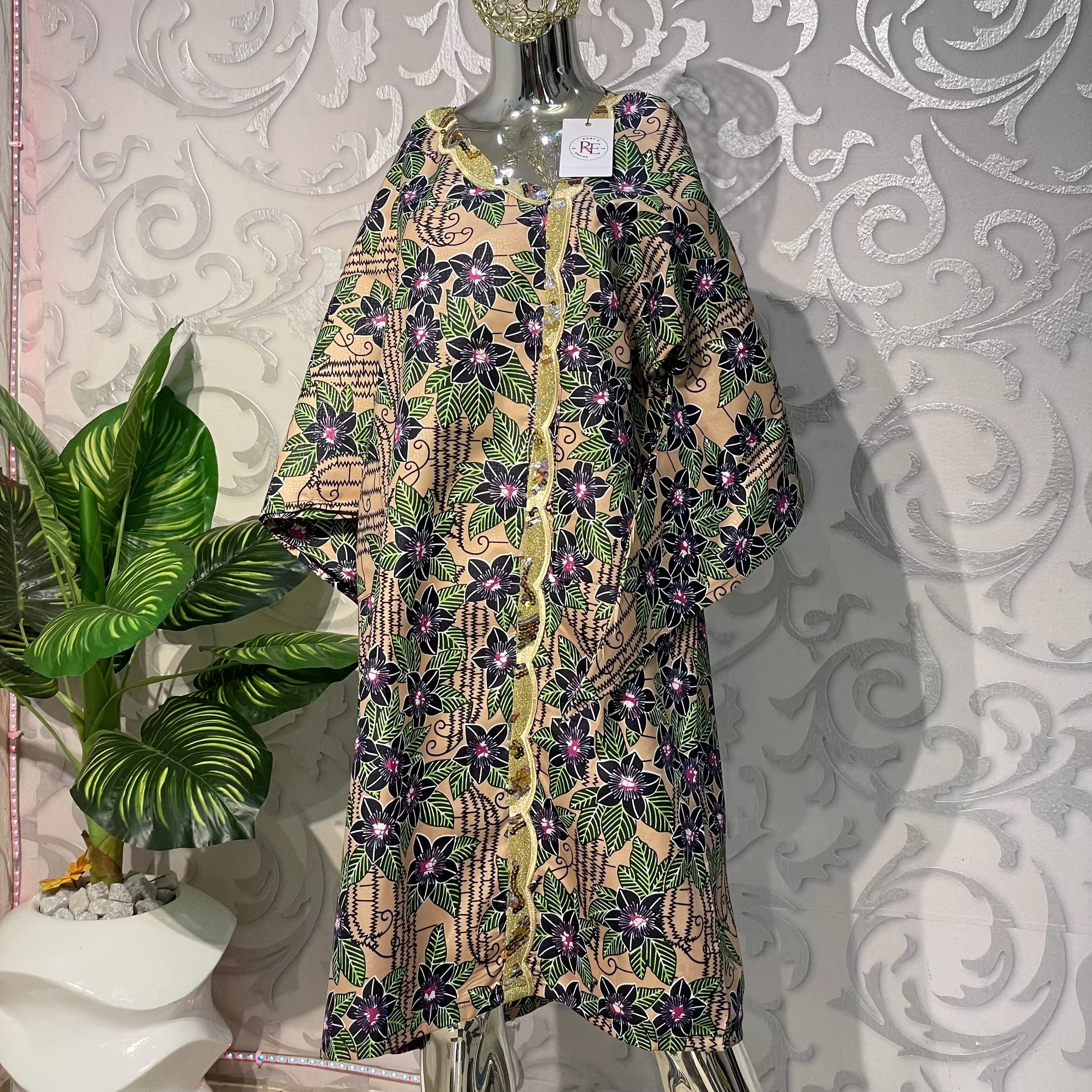 Floral Ankara Boubou Gown with Gold Lace Trim — image 1